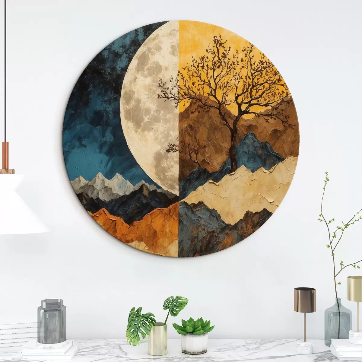 Quadri rotondi Montagna multicolore su sfondo lunare in pittura acrilica stile r42770