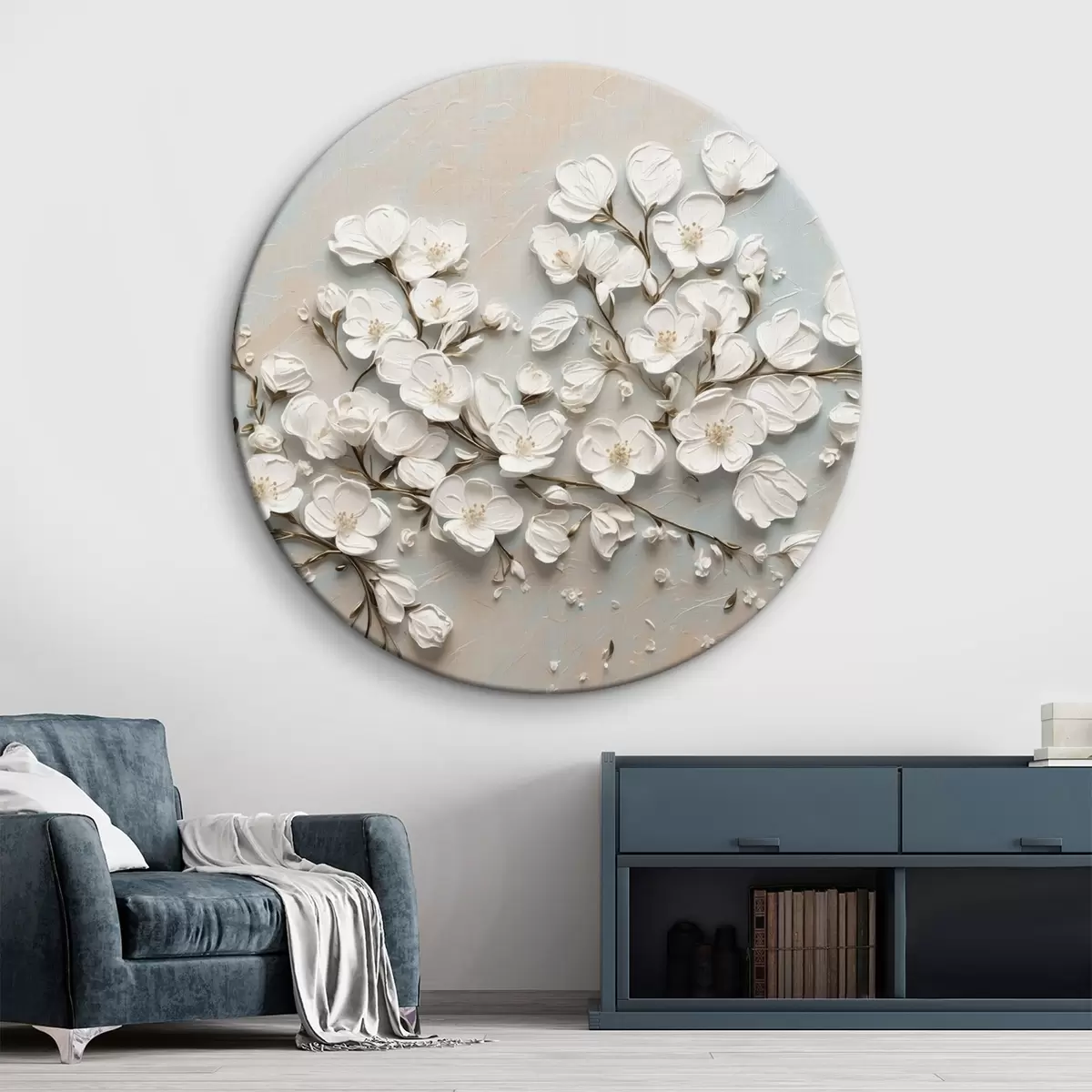 Quadri rotondi Fiore bianco di piccole dimensioni in pittura acrilica r42921