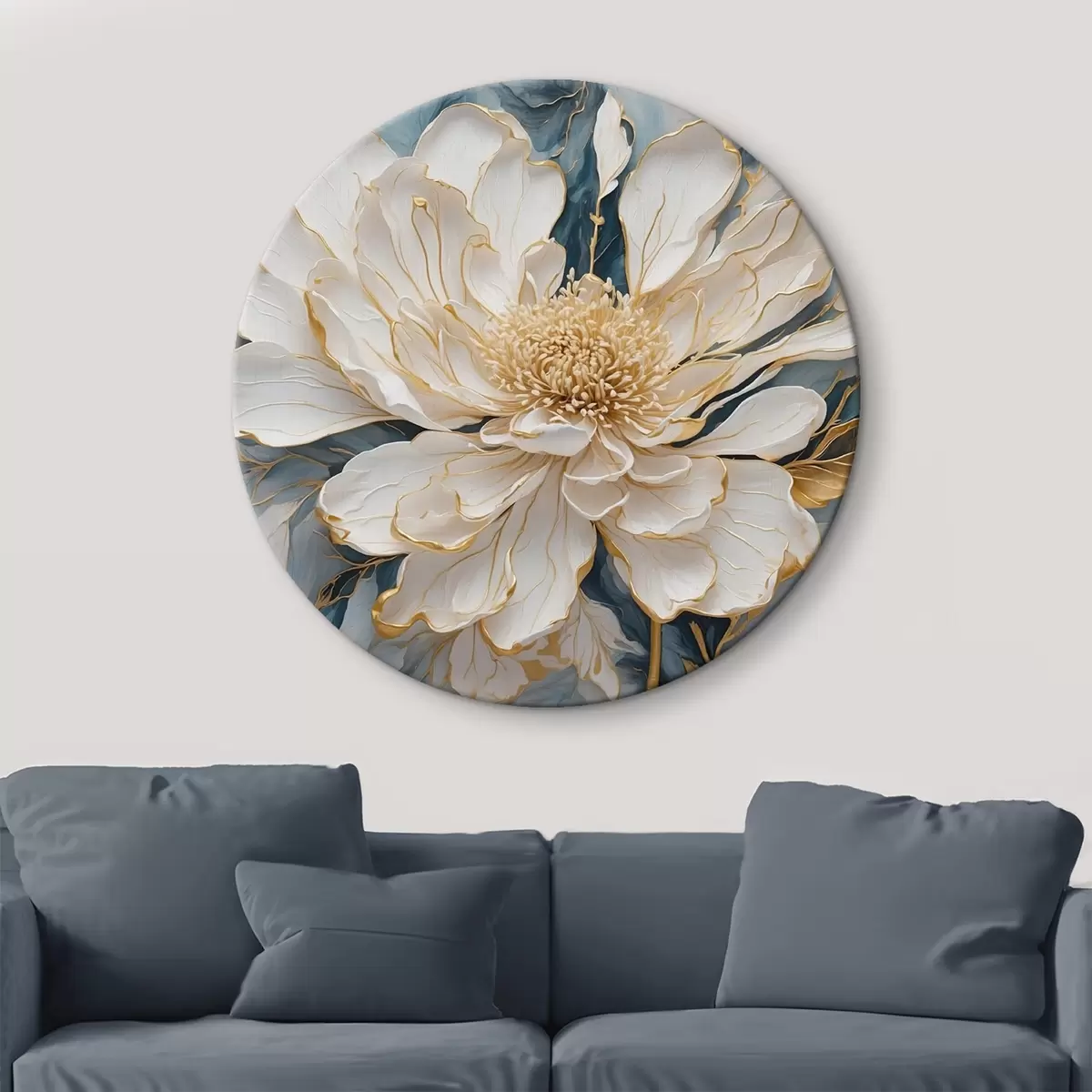 Quadri rotondi Fiore bianco con outliner dorato su sfondo bianco-blu r42923