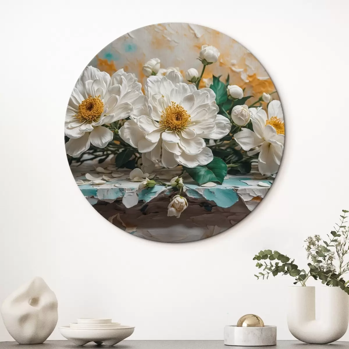 Quadri rotondi Fiori bianchi su un tavolo su uno sfondo astratto r42924
