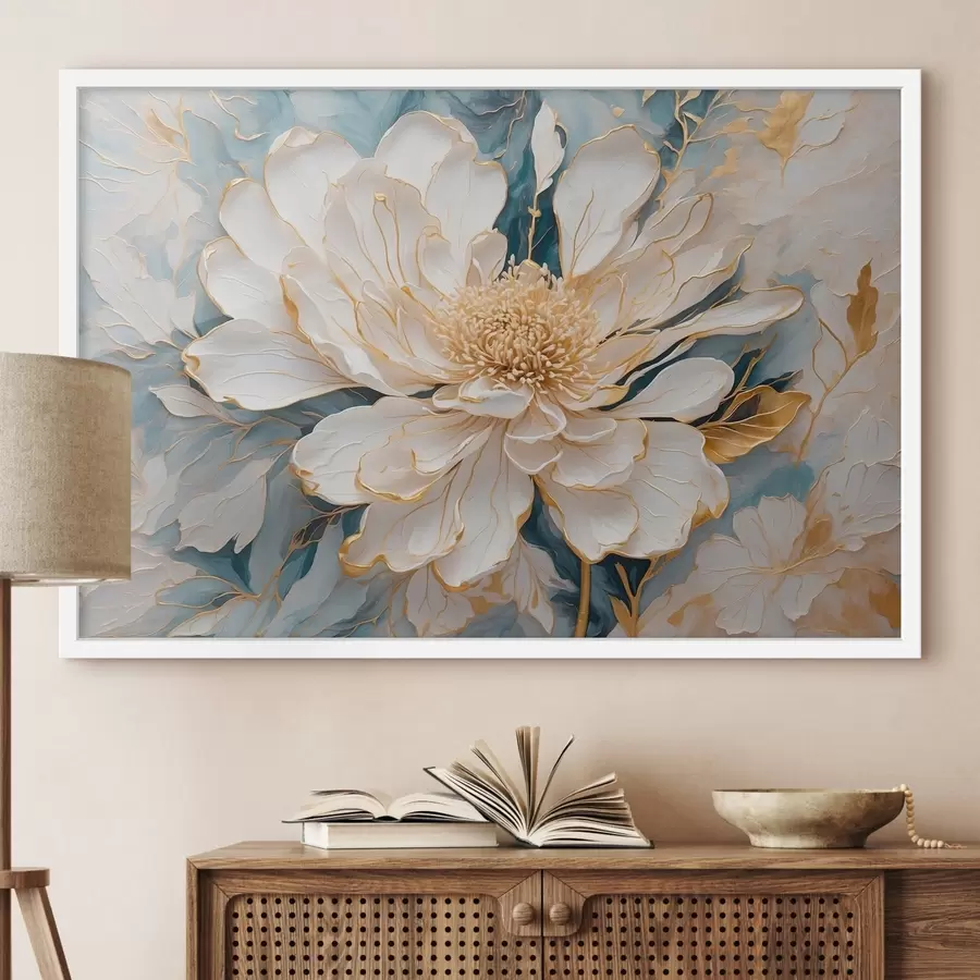 carta da parati Fiore bianco con contorni su sfondo blu e bianco nr. f42923