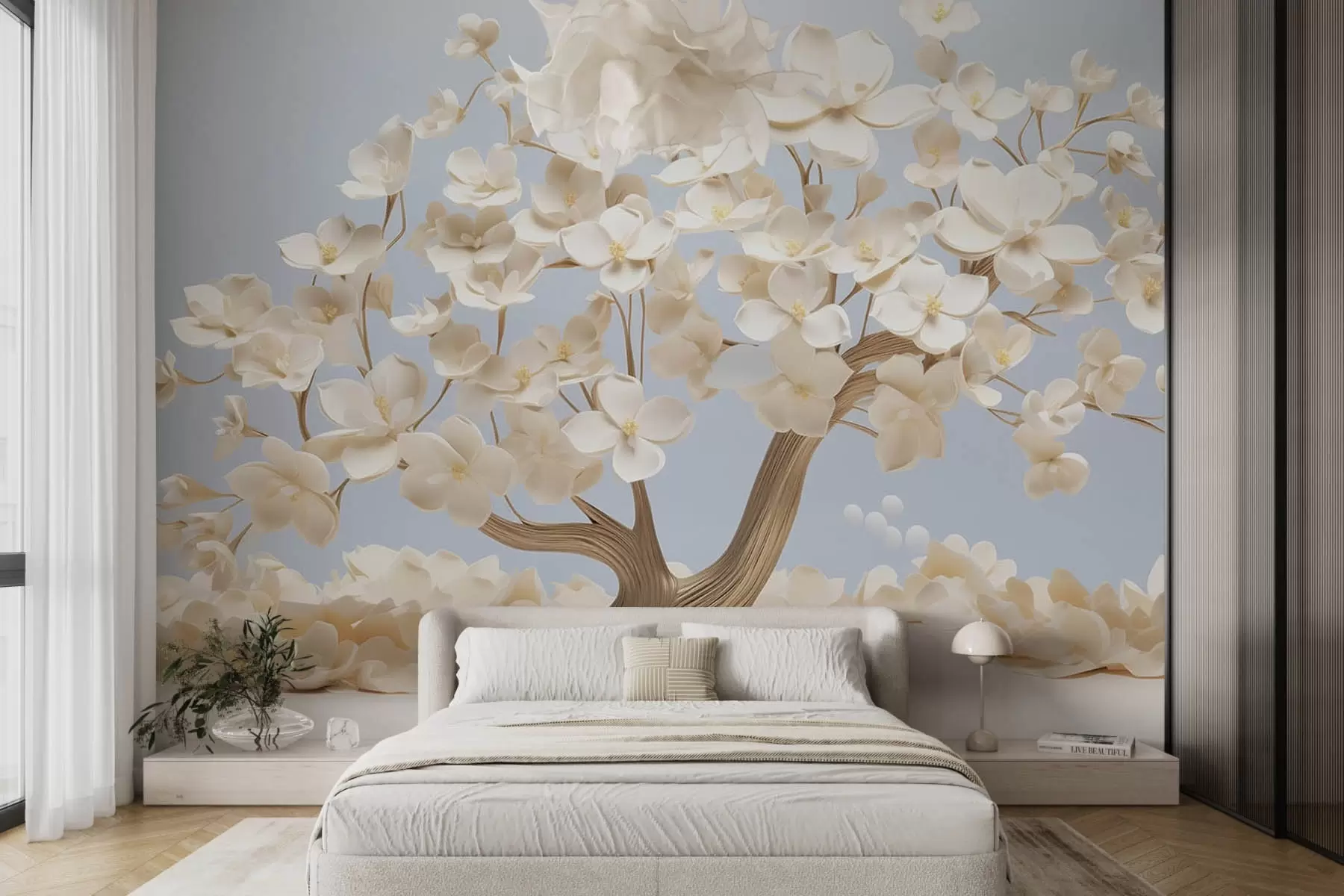carta da parati Albero con fiori delicati su sfondo azzurro nr. w08793