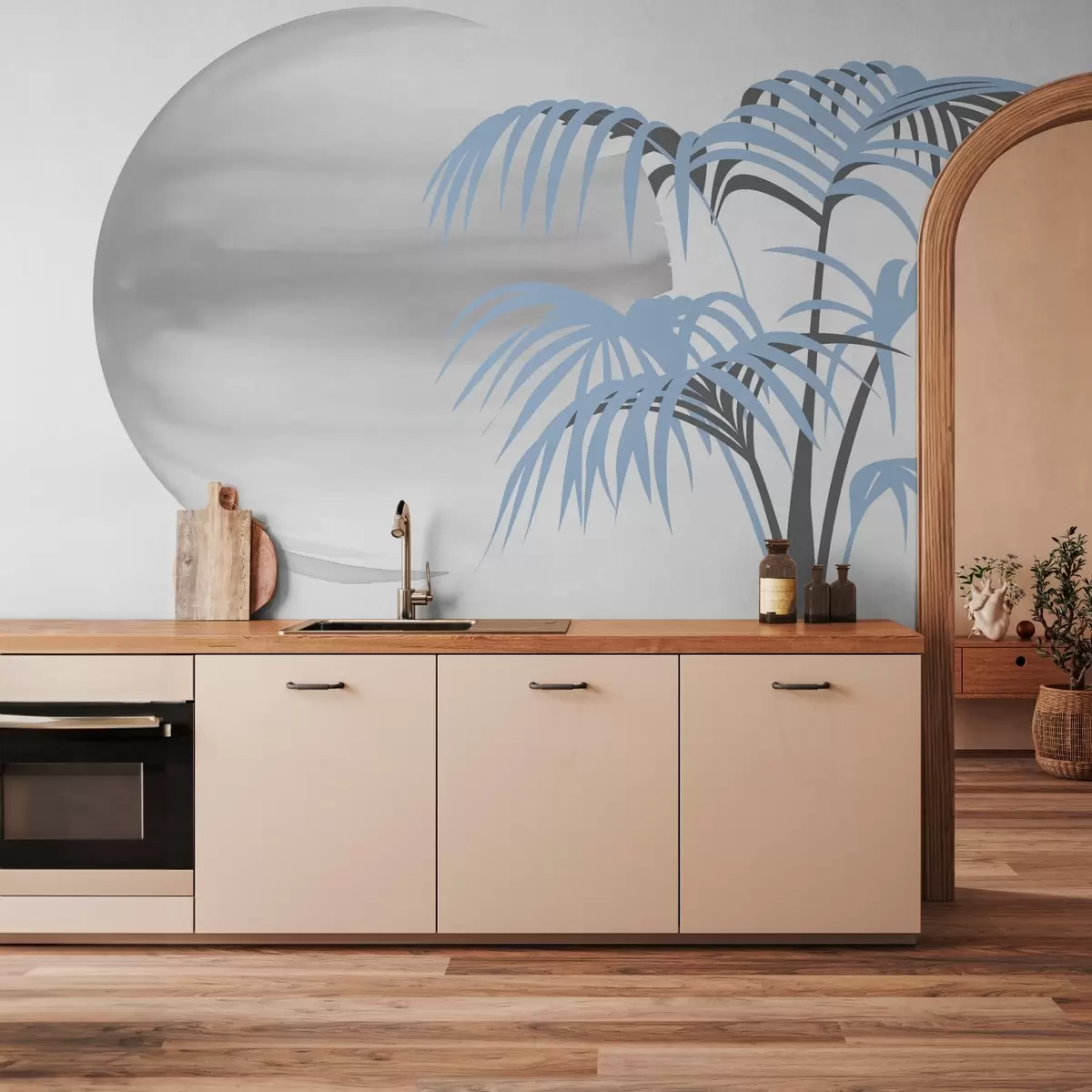 carta da parati Albero di palma su uno sfondo a macchie, tonalità di grigio e blu nr. w03185