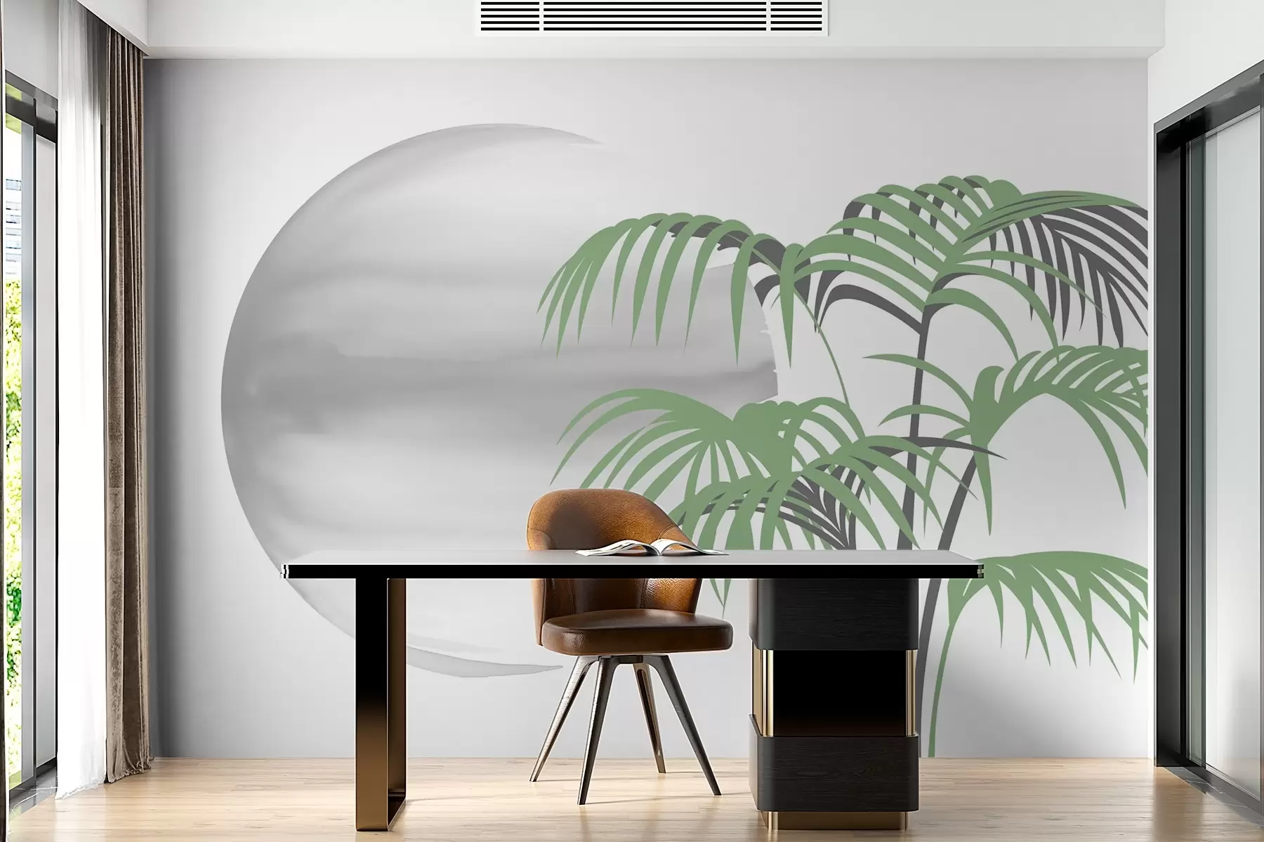 Carta da parati Tropici della Foresta Albero di palma su uno sfondo a macchie, tonalità di grigio e verde n. w03185v1
