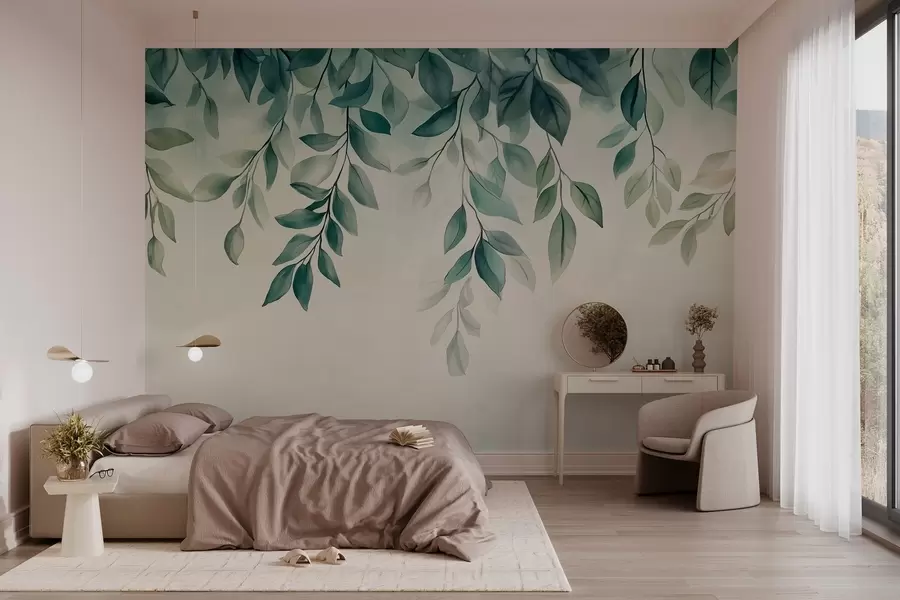 carta da parati foglie verdi in stile acquerello che pendono dalla parte superiore nr. w03024