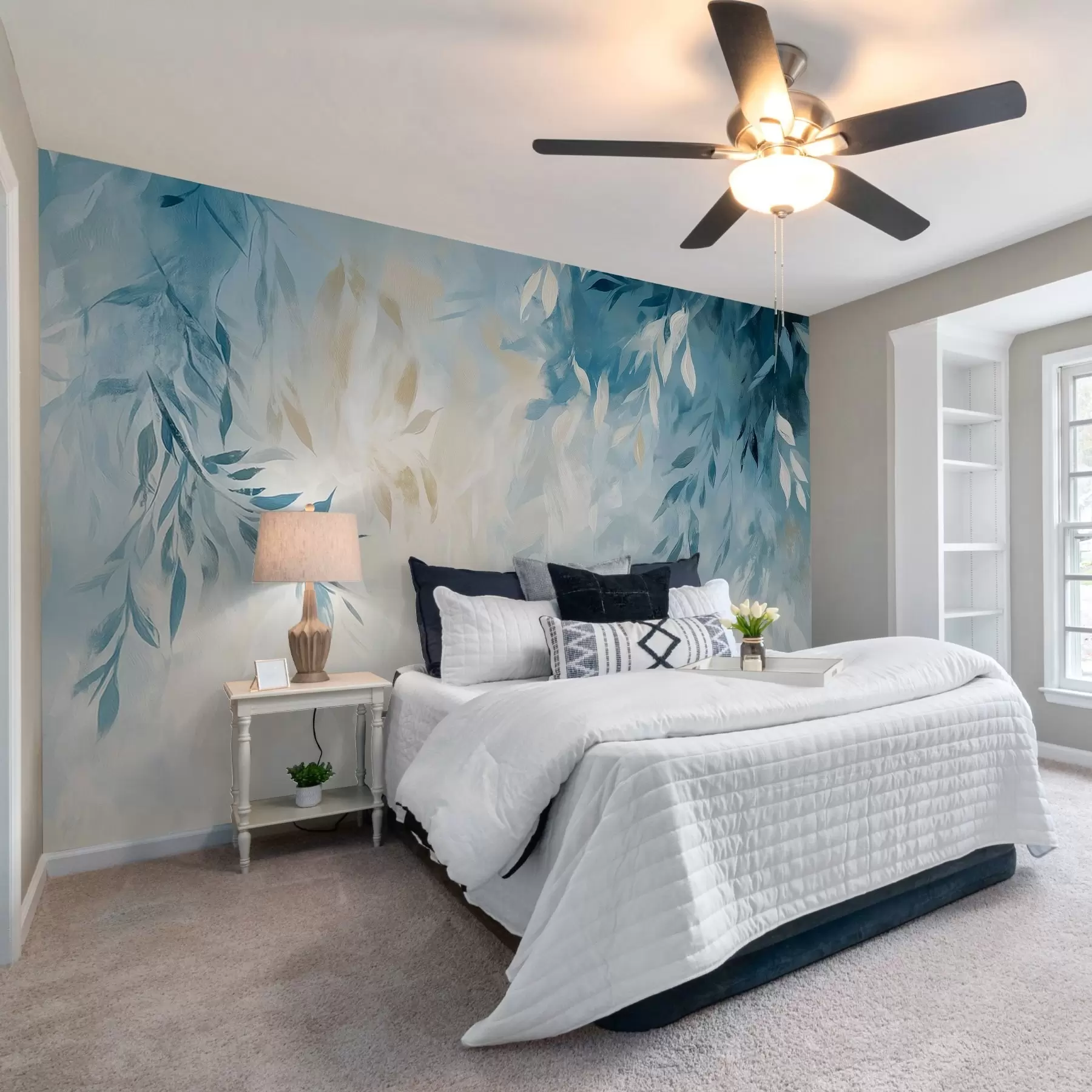 carta da parati foglie astratte blu con pennellate in stile pittura ad olio nr. w03114