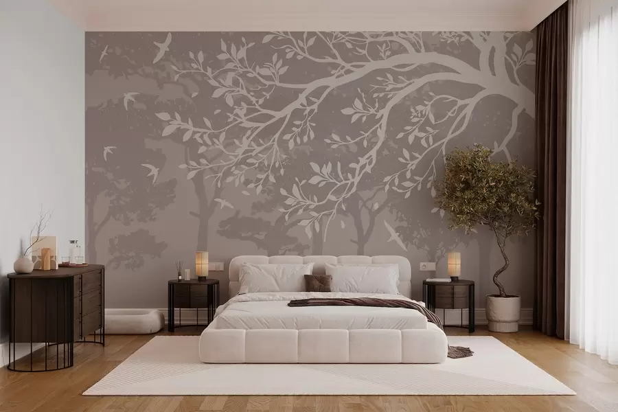 Carta da parati nature silhouette di un ramo d'albero cremoso con gli uccelli, sullo sfondo della foresta 