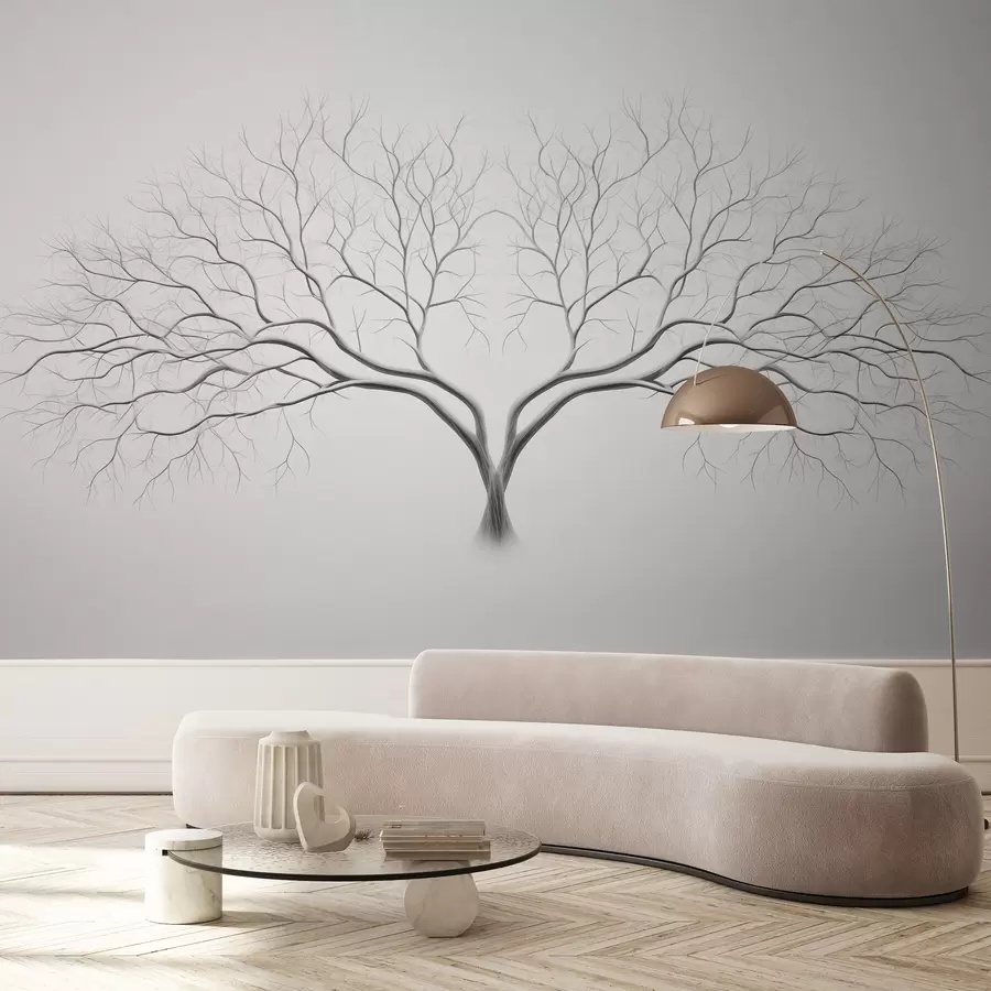 Carta da parati nature Raffigurazione minimalista di un albero con rami delicati su sfondo chiaro 
