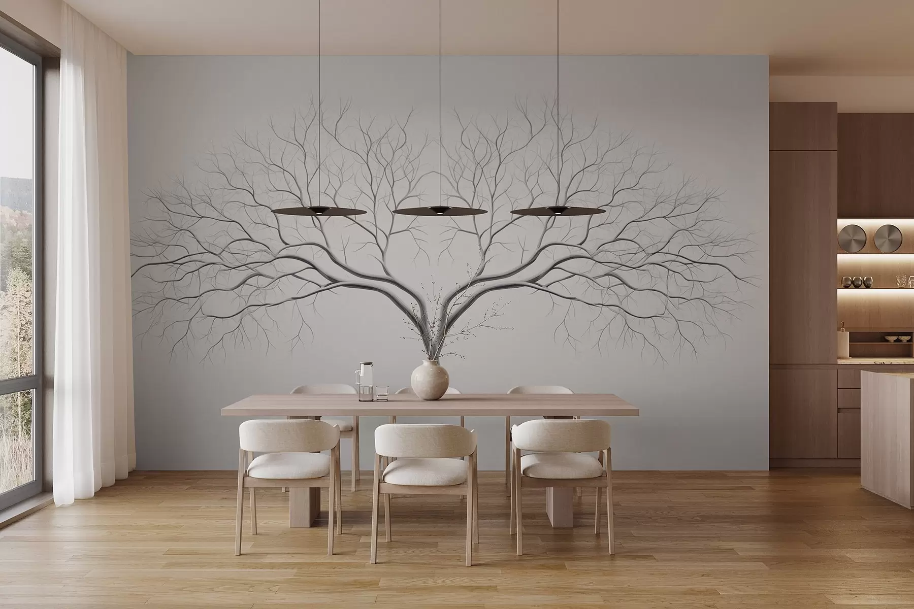 Carta da parati nature Raffigurazione minimalista di un albero con rami delicati su sfondo chiaro 