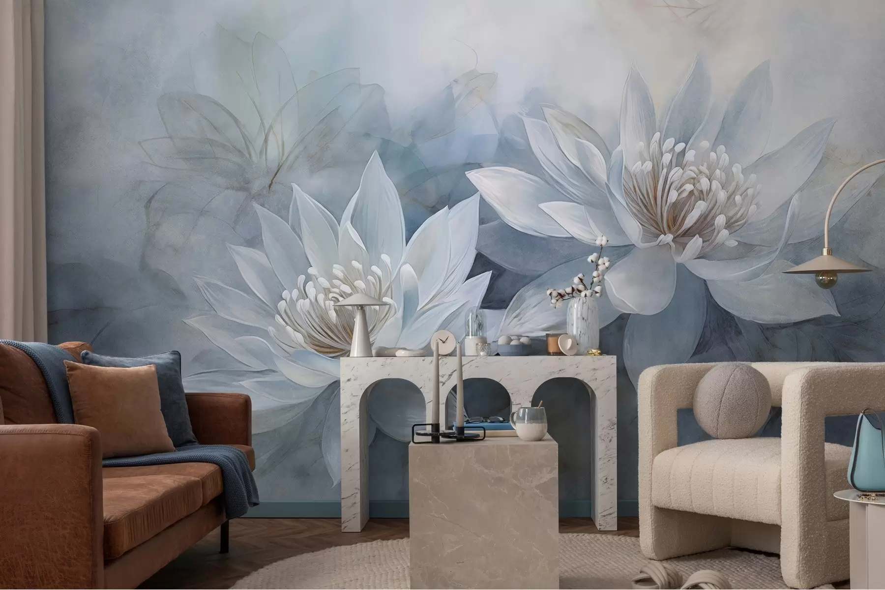 Carta da parati Floreale Coppia di fiori ad acquerello su parete grunge n. w03188