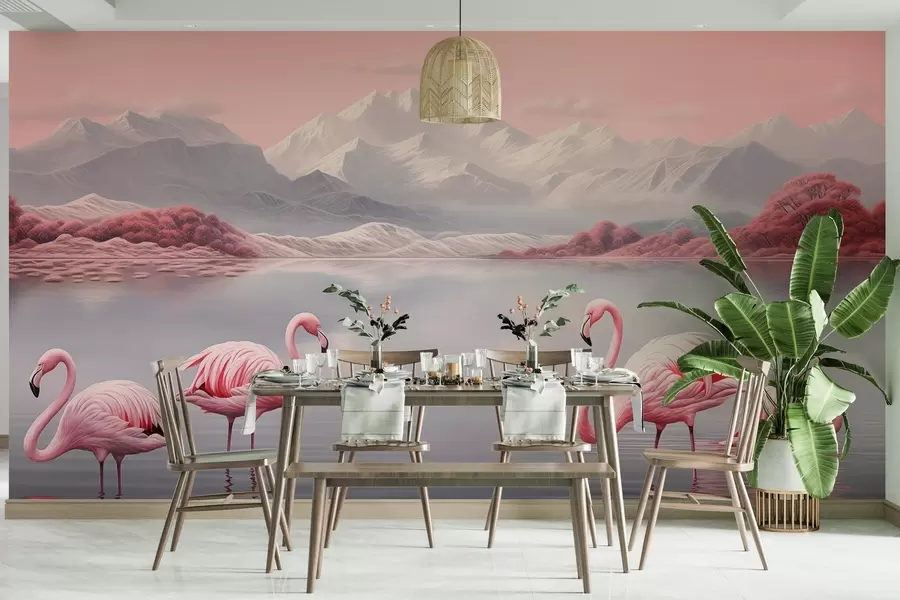 Carta da parati nature Acquerello di montagne con fenicotteri 