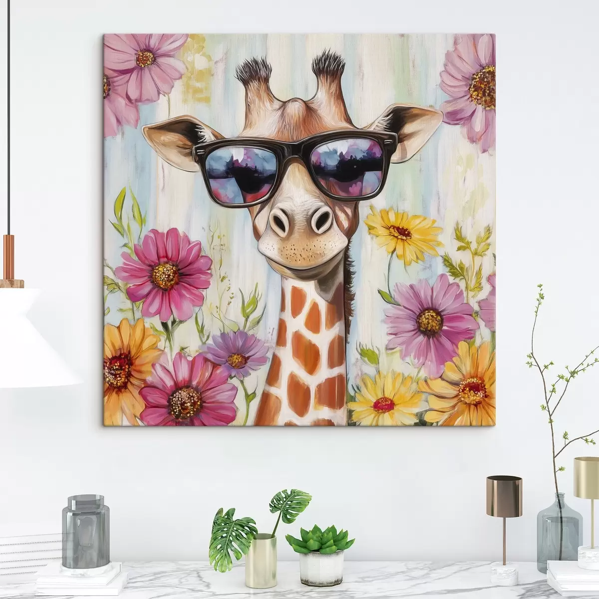 carta da parati Giraffa con occhiali vicino ai fiori nr. s42991