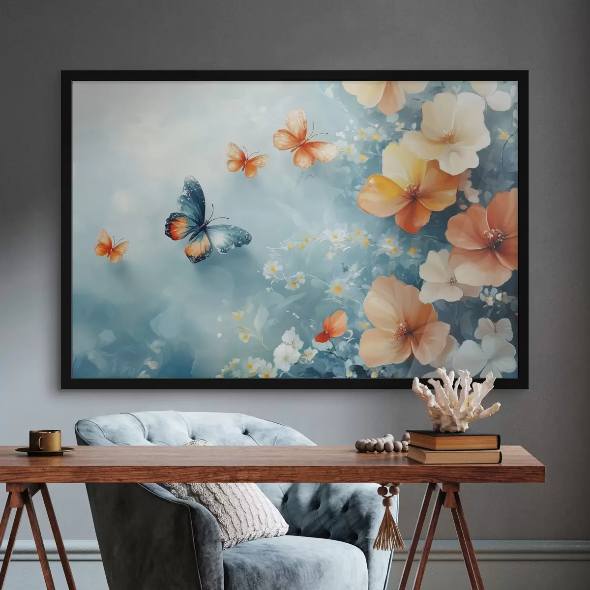 Poster Fiori arancioni e farfalle f42974