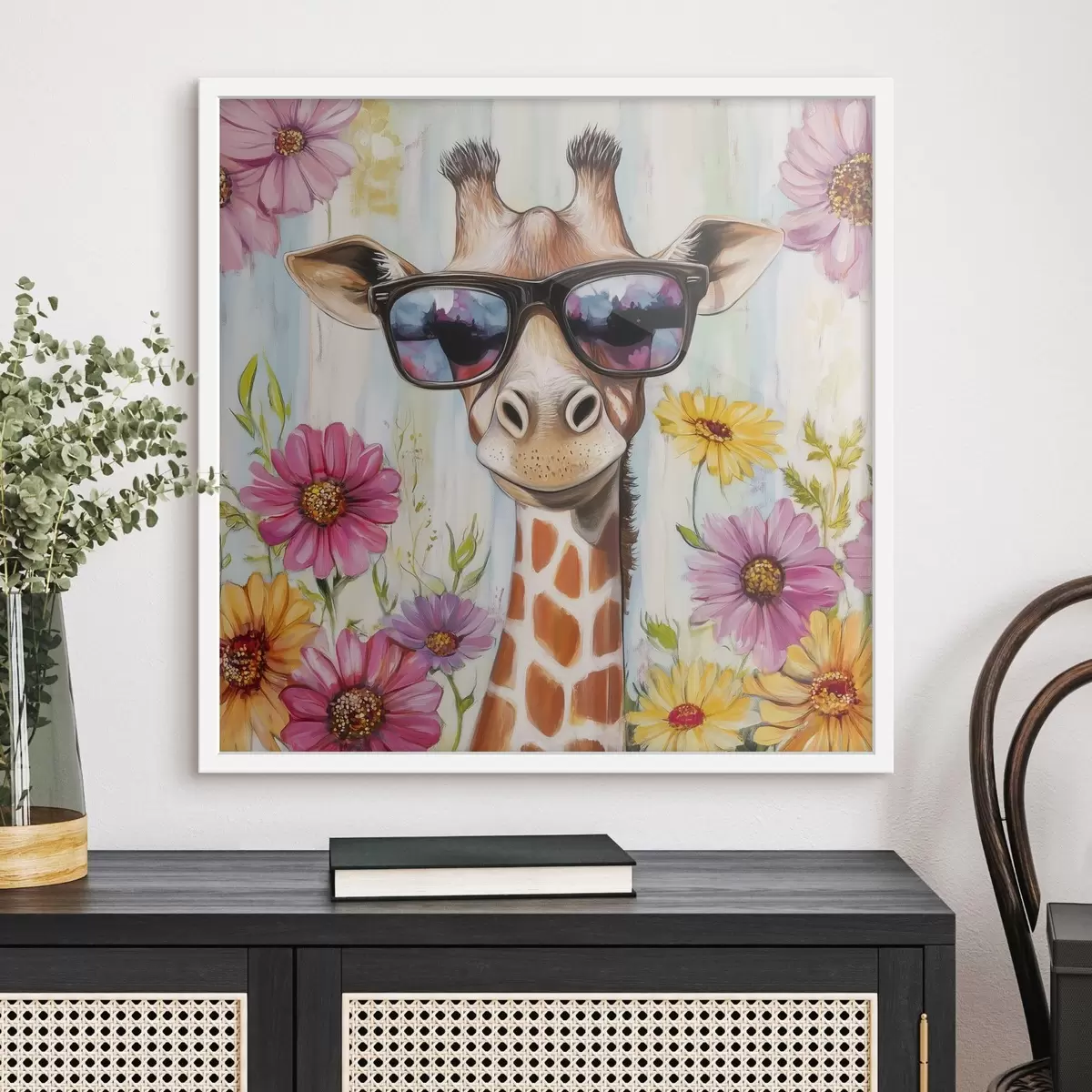 Poster Giraffa con occhiali vicino ai fiori f42991