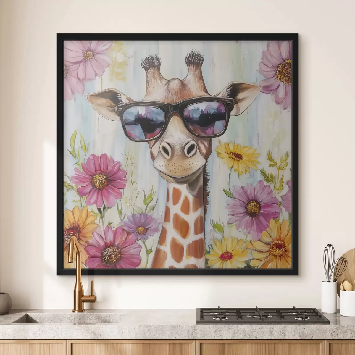 Poster Giraffa con occhiali vicino ai fiori f42991