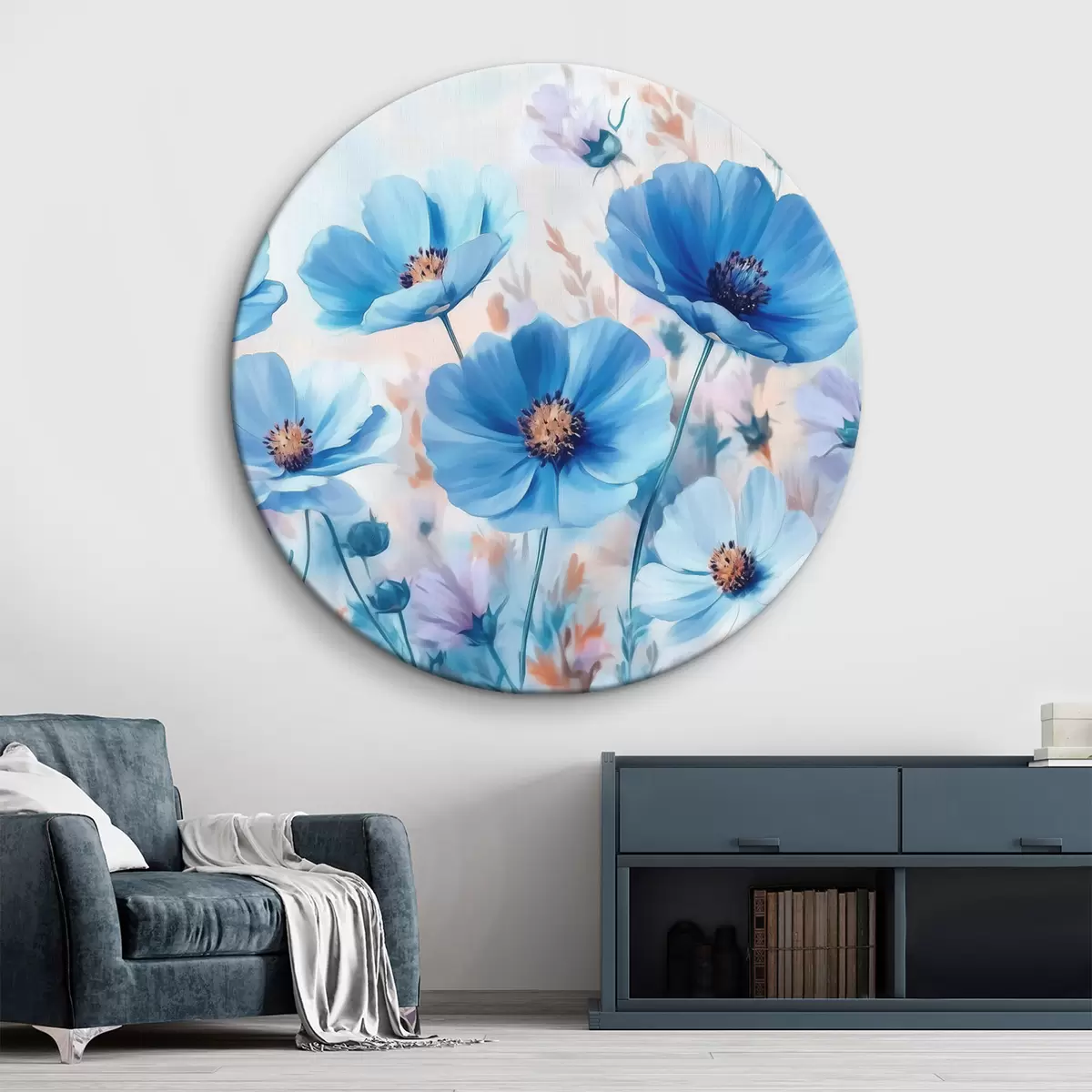 Quadri rotondi Fiori blu su sfondo blu r42971
