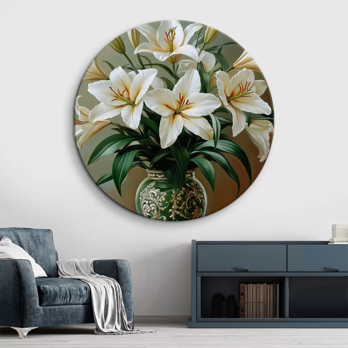 Quadri rotondi Bouquet di gigli bianchi in vaso r42975