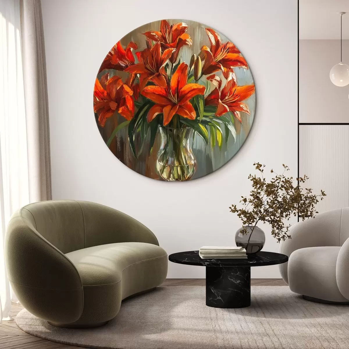 Quadri rotondi Gigli rossi nello stile della pittura ad olio r42977