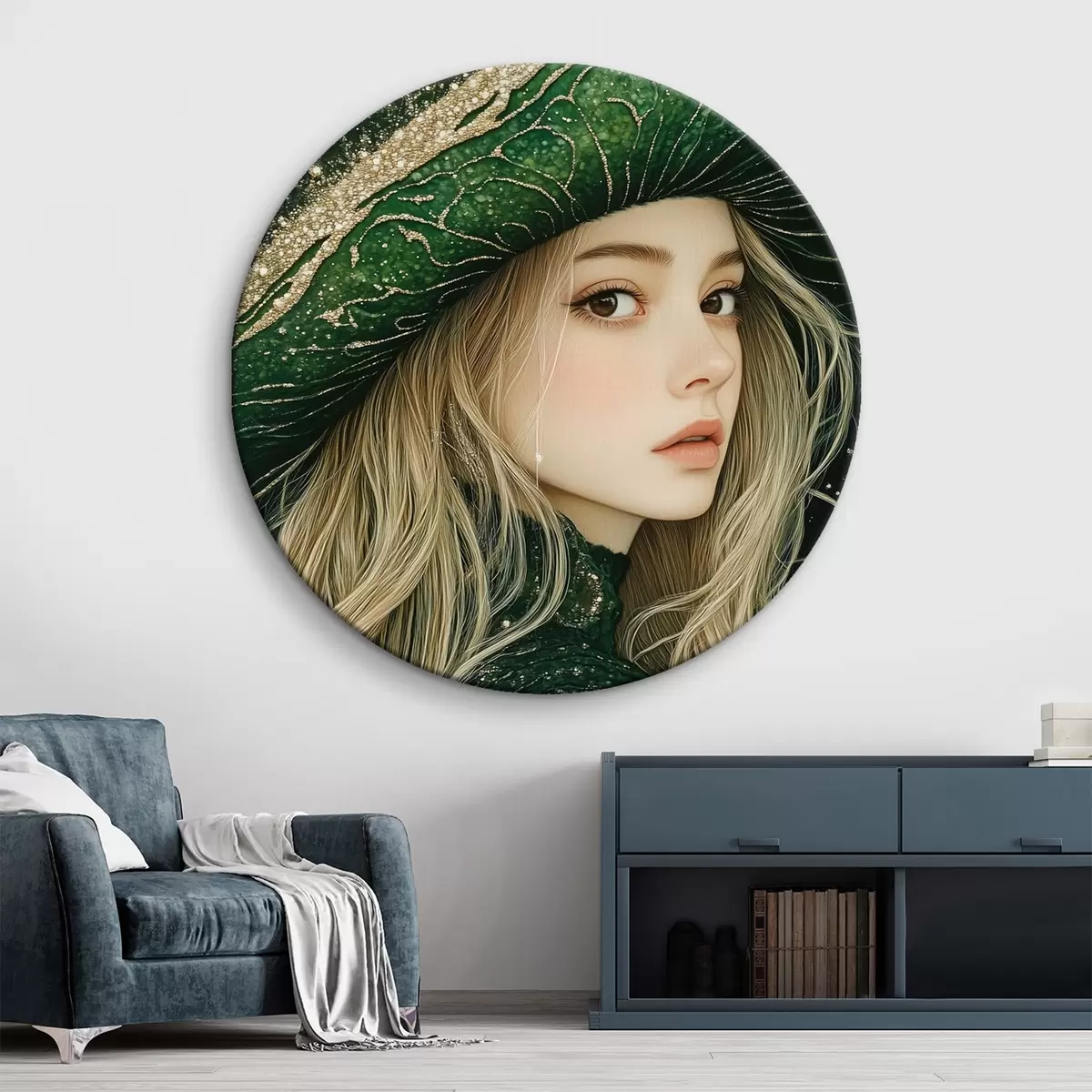 Quadri rotondi Ritratto di ragazza con cappello verde r42982