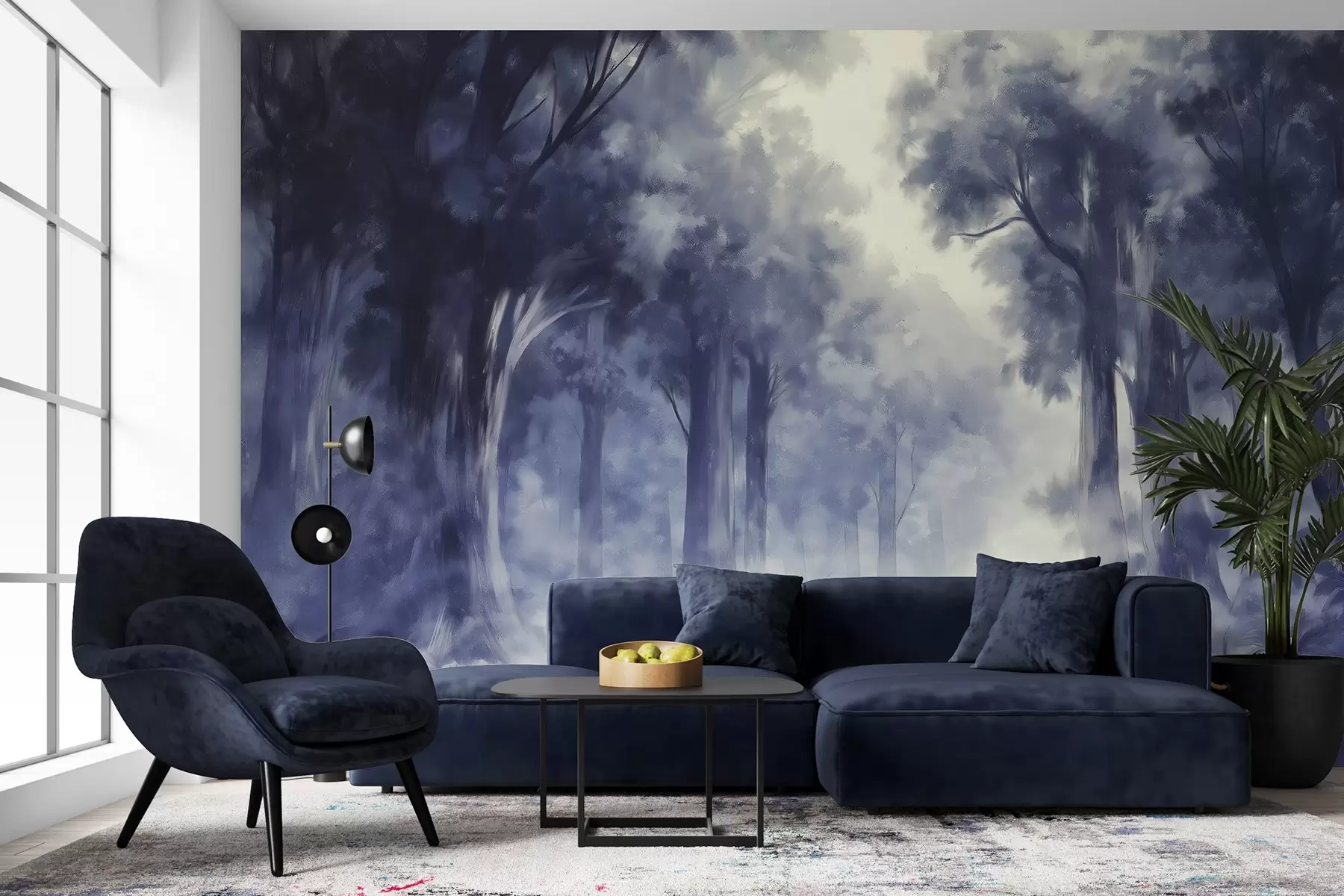 Carta da parati nature Foresta fitta, disegno in stile acrilico, arte astratta, colori blu 