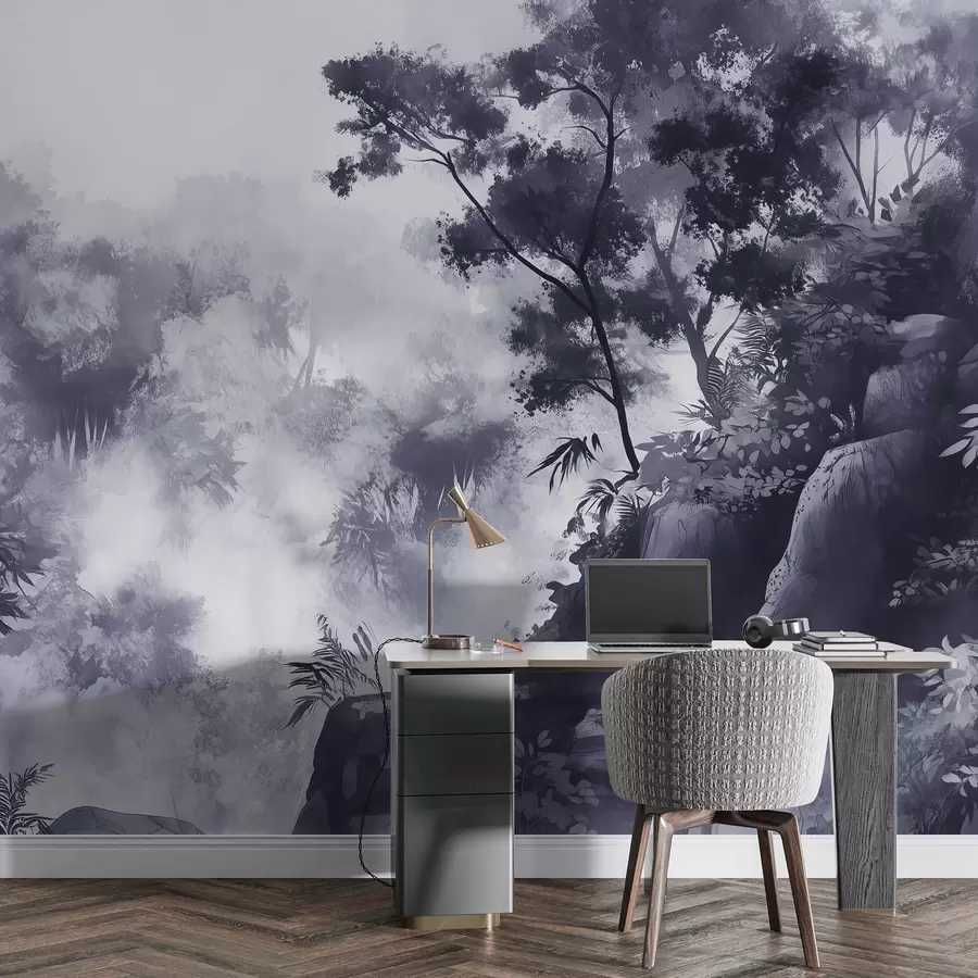 Carta da parati nature Paesaggio orientale, giungla, alberi, stile acquerello, colori grigi 