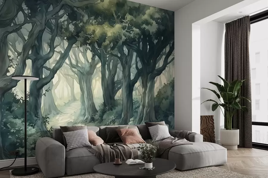 Carta da parati nature Foresta con grandi alberi, colore verde spallete, disegno in stile acquerello 