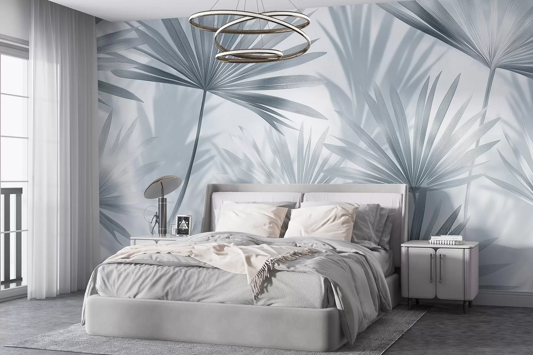 Carta da parati Tropici della Foresta Foglie di palma, motivo floreale, minimalismo, tropicale, colori grigi n. w03152v1