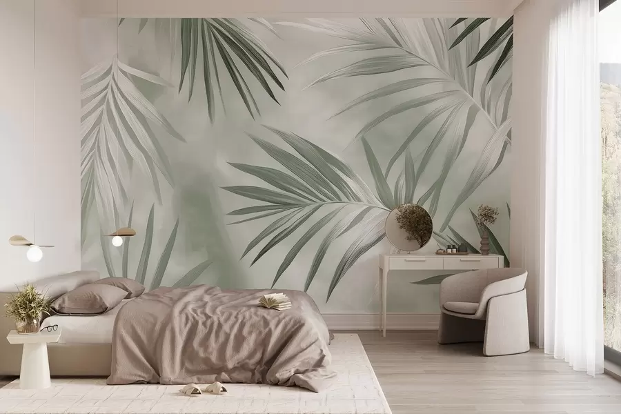 Carta da parati Tropici della Foresta Astrazione di foglie tropicali, palma, tavolozza di colori verdi  n. w03153v2