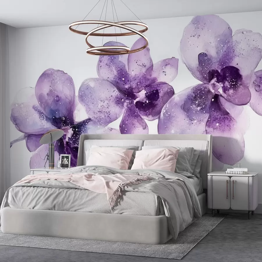 Carta da parati Floreale Fiori di orchidea in stile acquerello, colori viola n. w03163