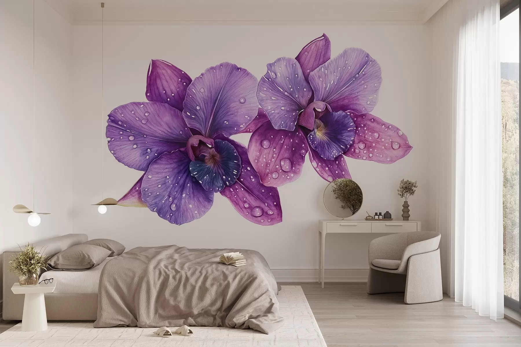 Carta da parati Floreale Bellissimi fiori di orchidea, disegno in stile acquerello, colori viola n. w03164