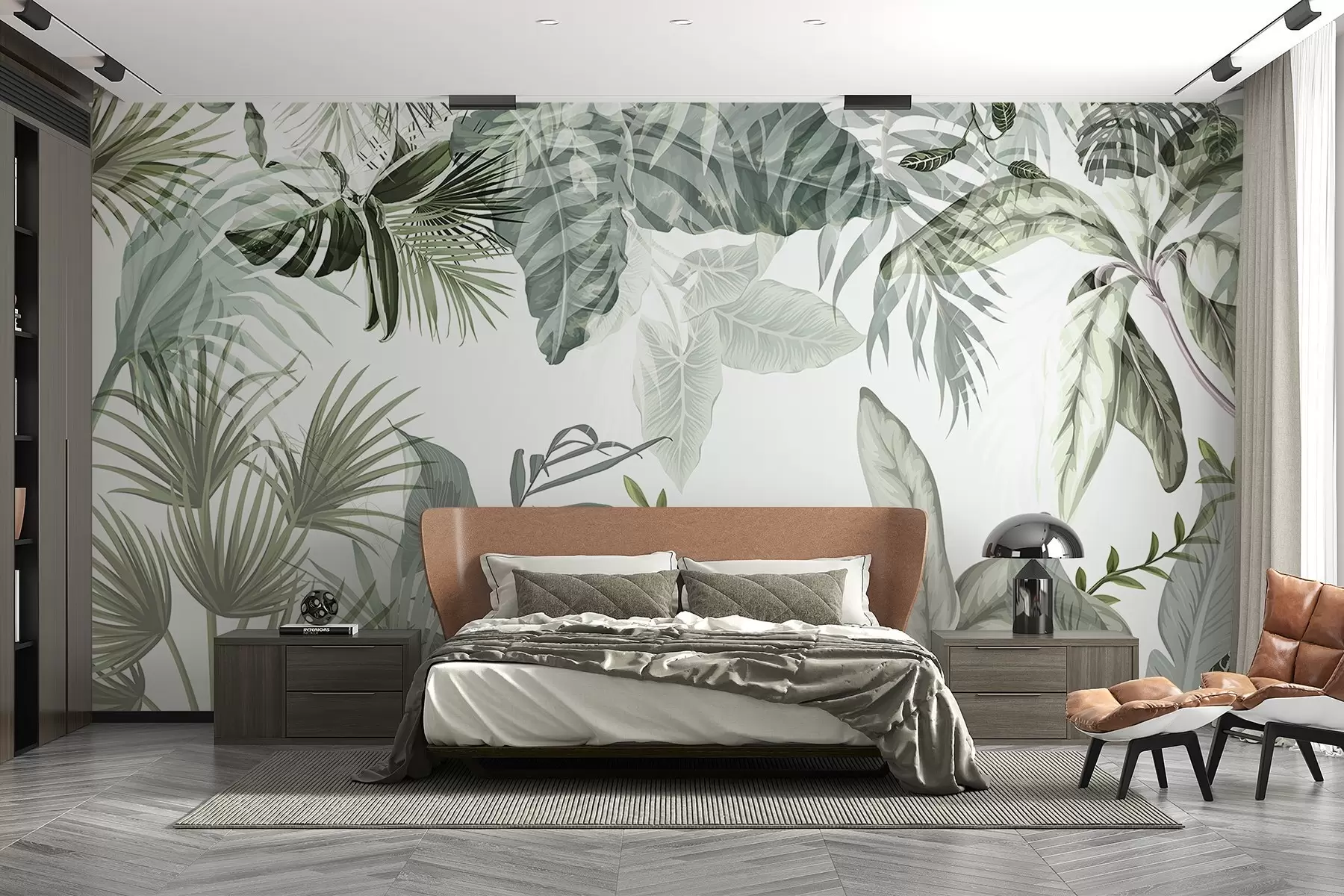 Carta da parati nature Foglie tropicali trasparenti in tonalità verde su sfondo bianco 