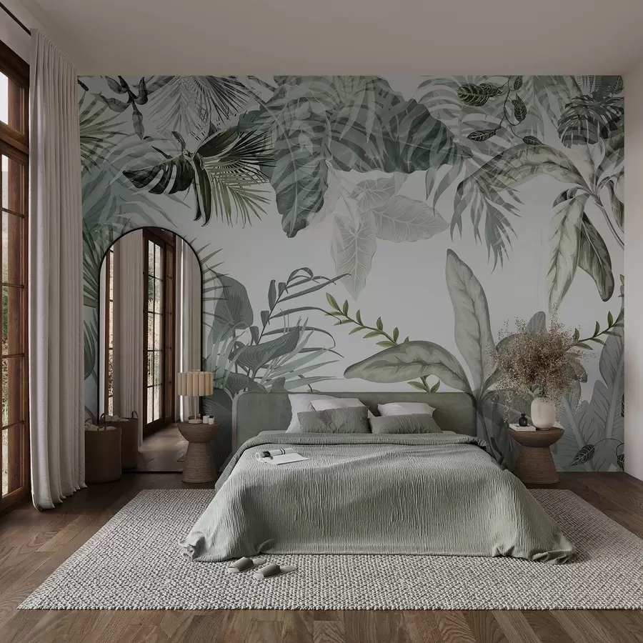 Carta da parati nature Foglie tropicali trasparenti in tonalità verde su sfondo bianco 