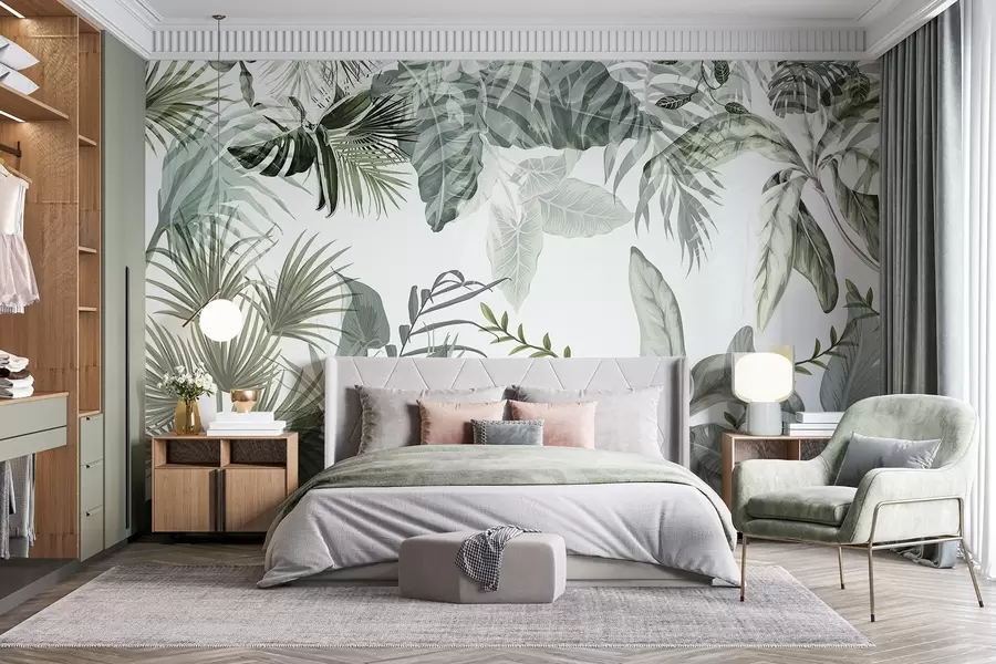 Carta da parati nature Foglie tropicali trasparenti in tonalità verde su sfondo bianco 