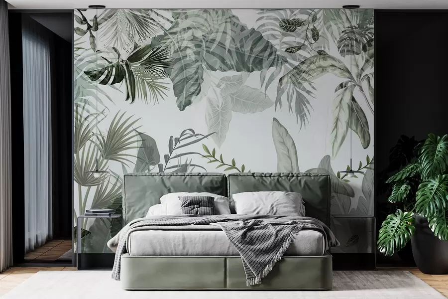 Carta da parati nature Foglie tropicali trasparenti in tonalità verde su sfondo bianco 