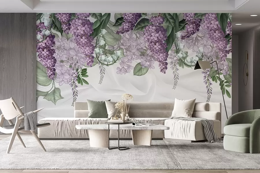 Carta da parati Floreale Fiori lilla pastello e foglie verdi su sfondo bianco con trama in finta seta n. w08825