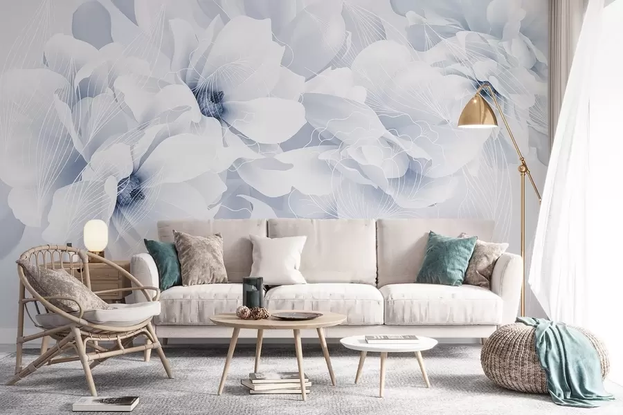 Carta da parati Floreale Fiori di peonia pastello con petali delicati bianchi e blu e linee bianche su sfondo azzurro n. w08826