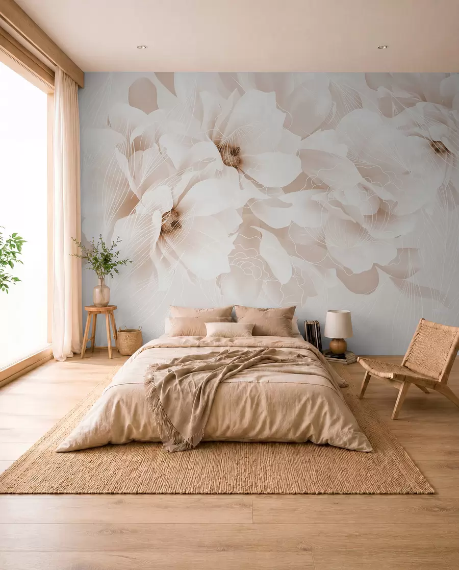 Carta da parati Floreale Fiori di peonia pastello con petali delicati bianchi e beige e linee bianche su sfondo beige chiaro n. w08826v1