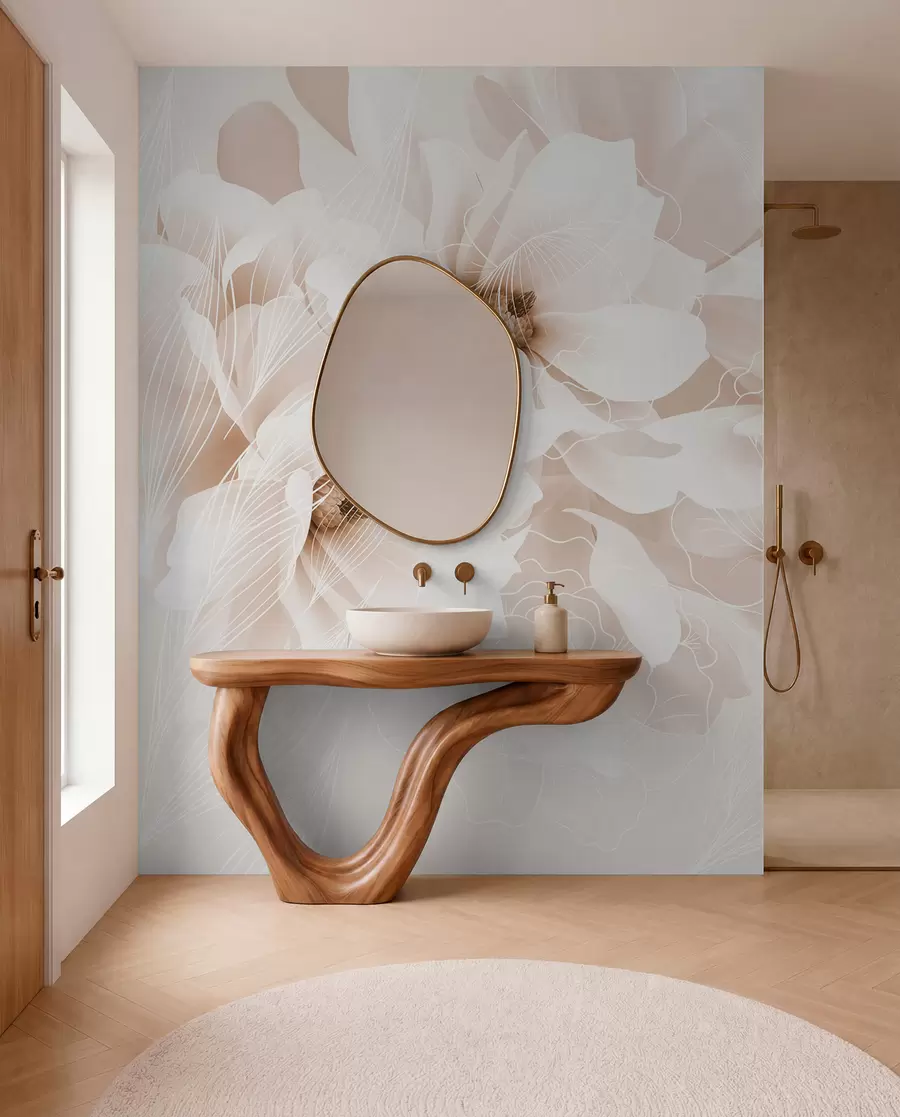 Carta da parati Floreale Fiori di peonia pastello con petali delicati bianchi e beige e linee bianche su sfondo beige chiaro n. w08826v1