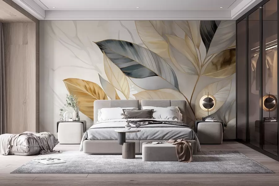 Carta da parati nature Grandi foglie delicate gialle, grigie e bianche su uno sfondo bianco astratto e strutturato 