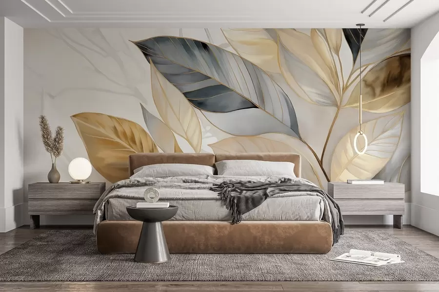 Carta da parati nature Grandi foglie delicate gialle, grigie e bianche su uno sfondo bianco astratto e strutturato 