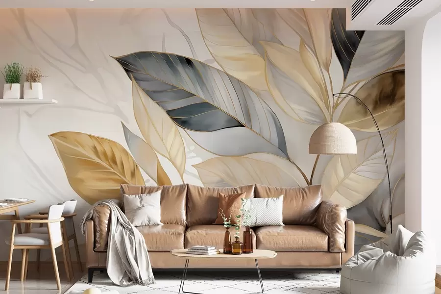 Carta da parati nature Grandi foglie delicate gialle, grigie e bianche su uno sfondo bianco astratto e strutturato 