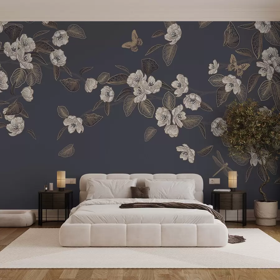 Carta da parati Floreale Ramo di ciliegio in fiore con fiori, foglie e farfalle su sfondo grigio scuro n. w08830