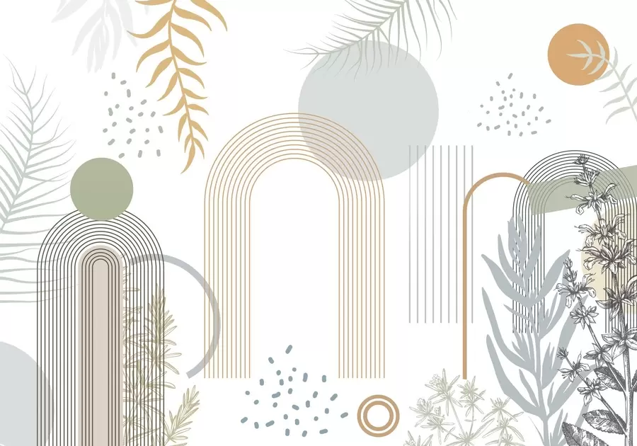 carta da parati Stampa astratta con forme geometriche, archi e foglie tropicali su sfondo bianco nr. w08835