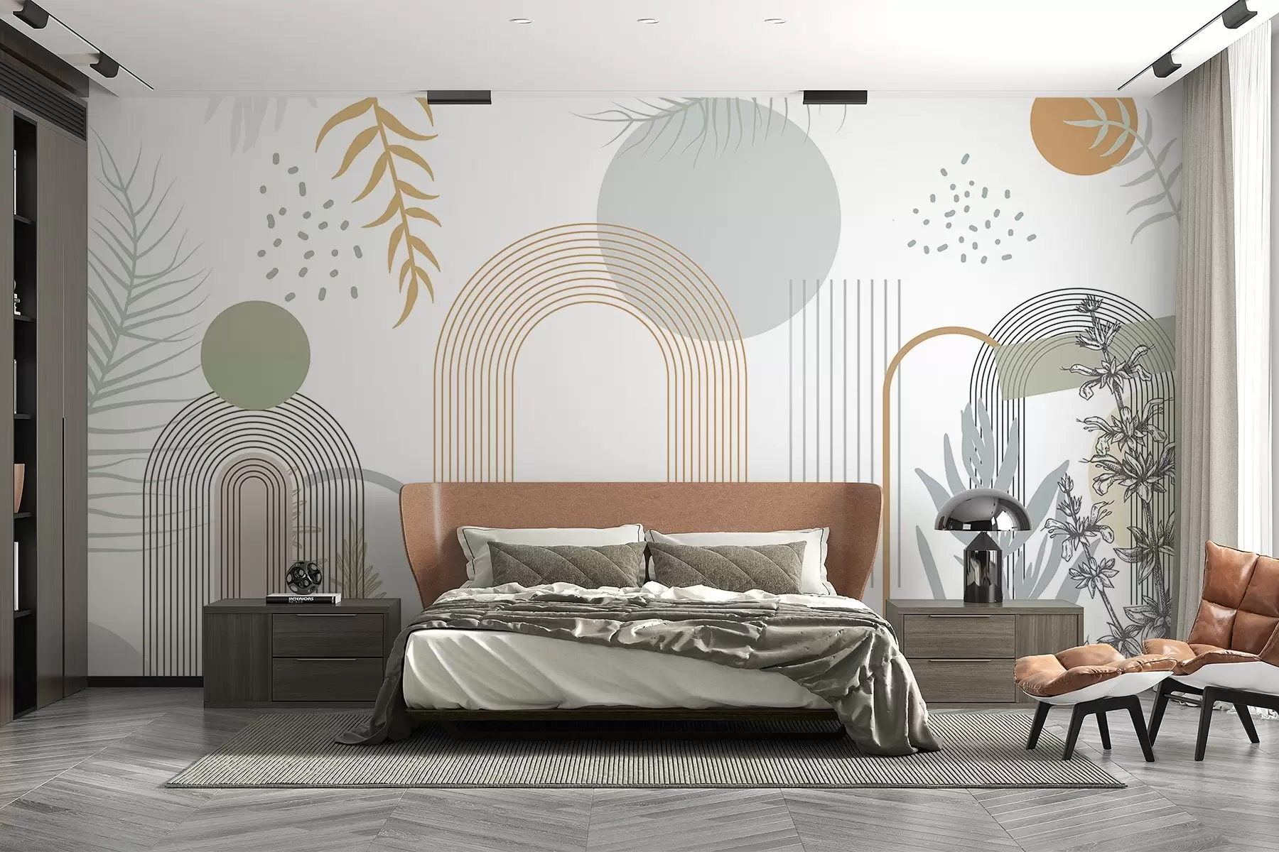 carta da parati Stampa astratta con forme geometriche, archi e foglie tropicali su sfondo bianco nr. w08835