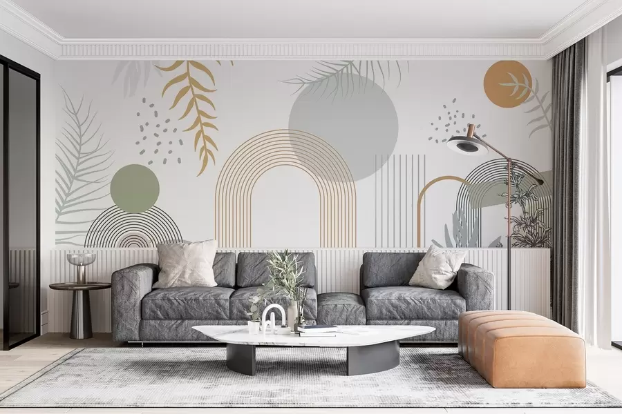 carta da parati Stampa astratta con forme geometriche, archi e foglie tropicali su sfondo bianco nr. w08835