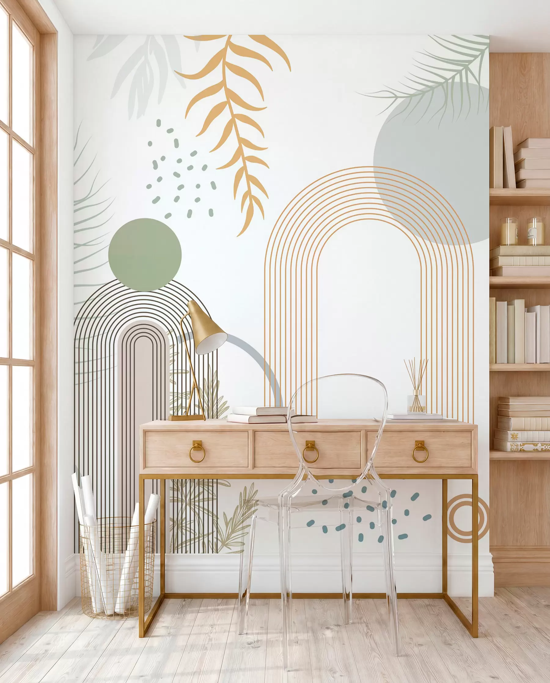carta da parati Stampa astratta con forme geometriche, archi e foglie tropicali su sfondo bianco nr. w08835
