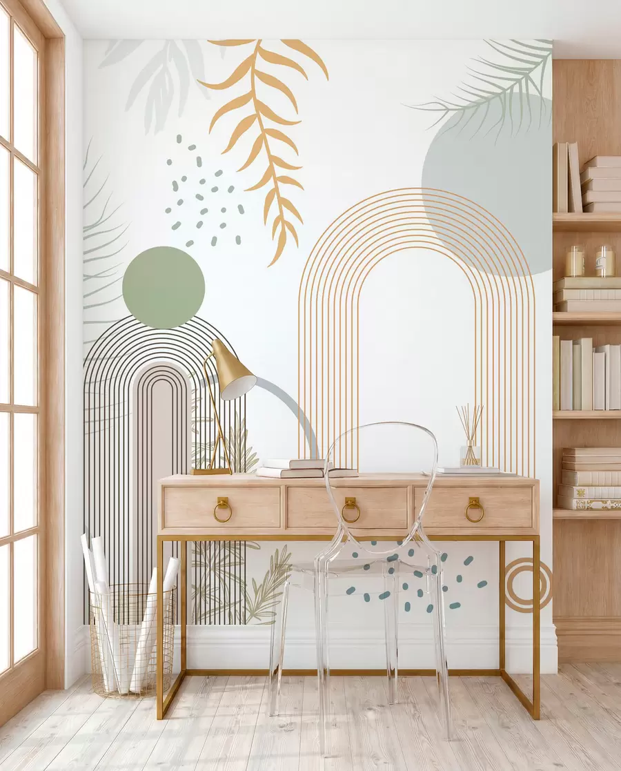 carta da parati Stampa astratta con forme geometriche, archi e foglie tropicali su sfondo bianco nr. w08835