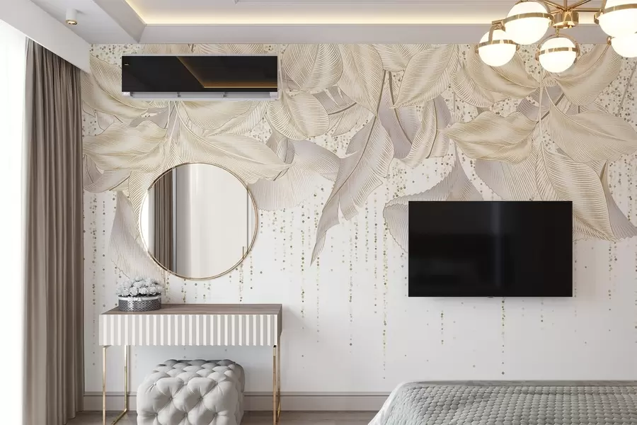 carta da parati Foglie tropicali bianche dettagliate e texture di puntini gialli su sfondo bianco nr. w08836