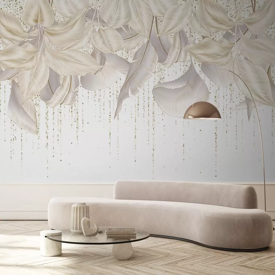 carta da parati Foglie tropicali bianche dettagliate e texture di puntini gialli su sfondo bianco nr. w08836