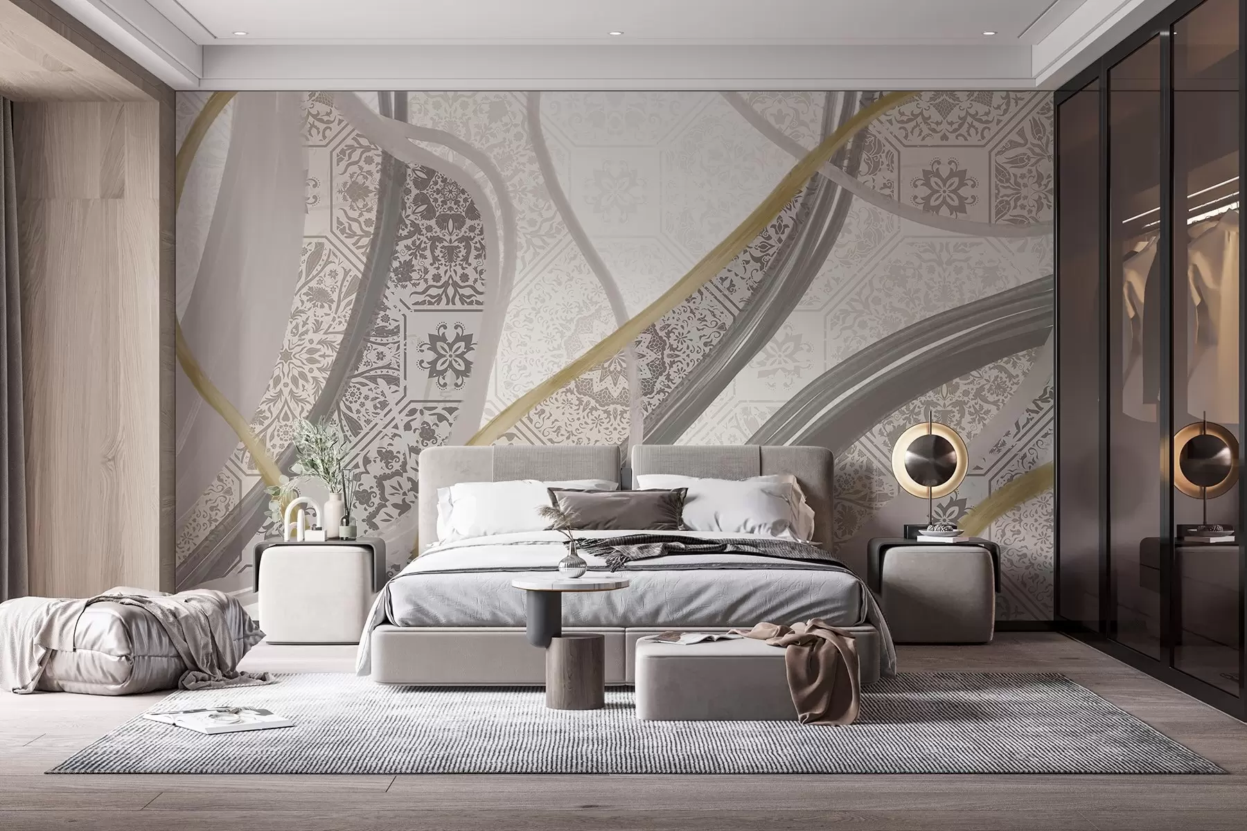 Carta da parati Moderno Quadro astratto con motivi geometrici e linee curve nei colori beige, grigio e giallo n. w08837